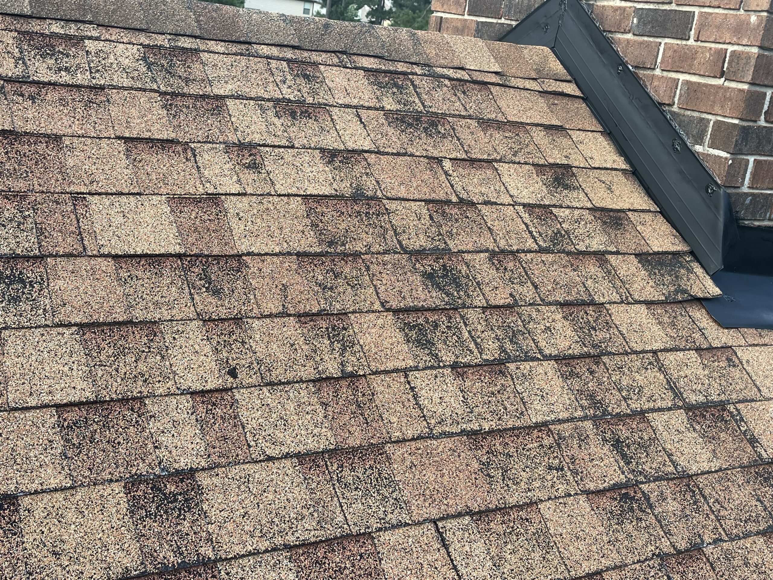 Close-up view of a residential roof with asphalt shingles, showing some discoloration and black streaks near a brick wall and a roof intersection.
